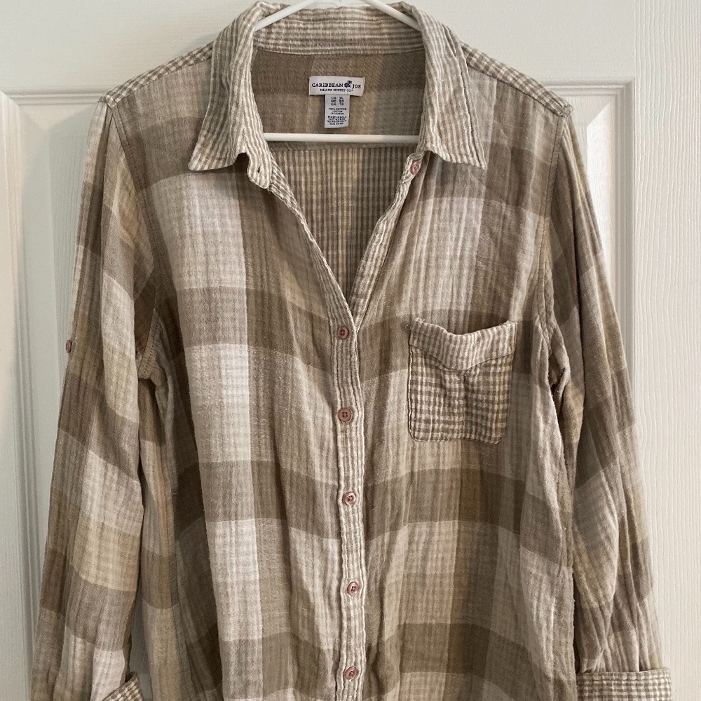 Caribbean Joe Tan & White Plaid Button Down Size XL